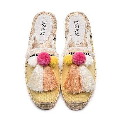 Fringed Straw Slippers Casual Lazy Fur Ball Linen Flat