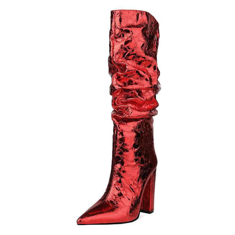 Padrão de pedra de metal grosso salto alto Stovepipe Plus Size botas femininas de cano médio