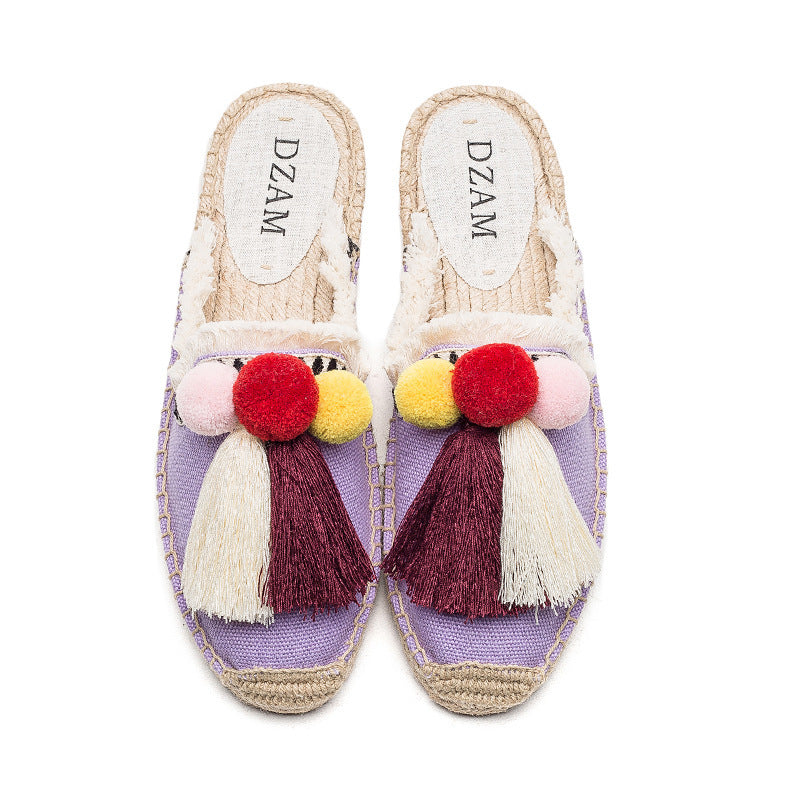 Fringed Straw Slippers Casual Lazy Fur Ball Linen Flat