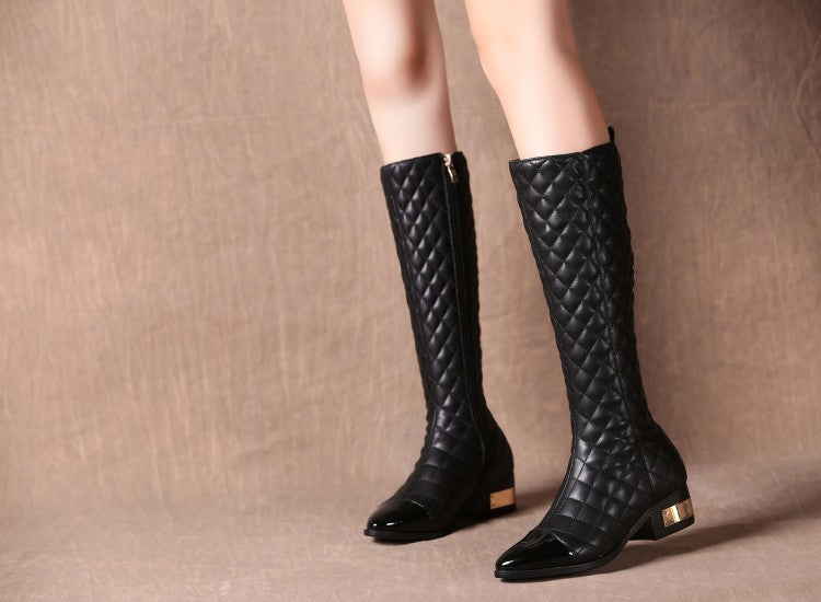 Botas altas de piel de vaca a cuadros para mujer, estilo británico