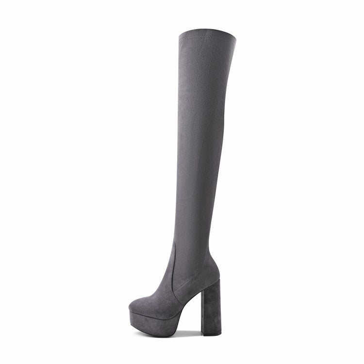 Botas femininas plus size acima do joelho, salto alto grosso