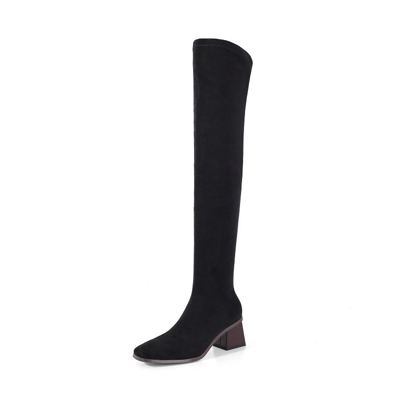 Botas de tacón alto de ante elástico de invierno para mujer